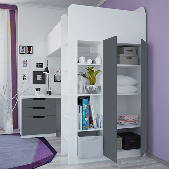 Кровать 2-х ярусная с письменным столом и шкафом POLINI Kids Simple Белый / Серый в Магадане - изображение 1