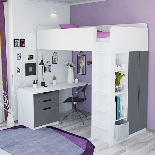 Кровать 2-х ярусная с письменным столом и шкафом POLINI Kids Simple Белый / Серый в Магадане - изображение 3
