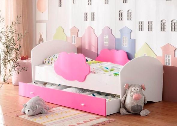 Кровать детская Тучка с ящиком, корпус Белый, фасад Розовый в Магадане - изображение