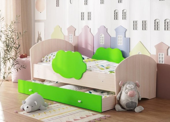 Кровать детская Тучка с ящиком, корпус Дуб млечный, фасад Лайм в Магадане - изображение