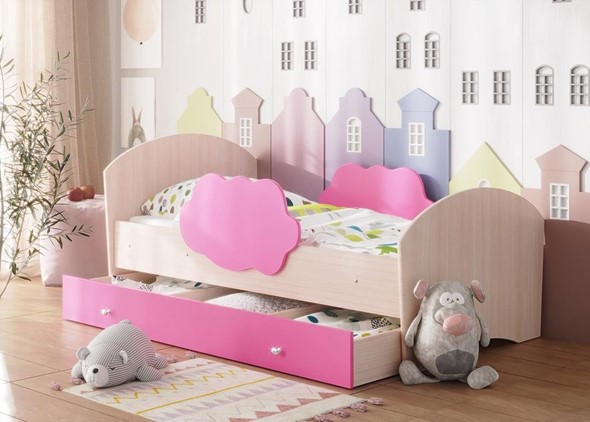 Кровать детская Тучка с ящиком, корпус Дуб млечный, фасад Розовый в Магадане - изображение