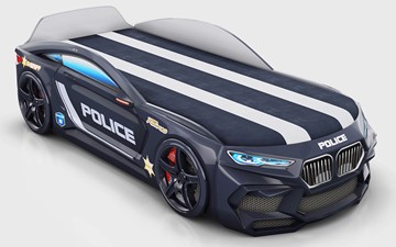 Кровать-машина в детскую Romeo-М Police + подсветка фар, ящик, матрас, Черный в Магадане - предосмотр