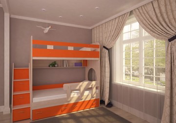 Двухэтажная детская кровать Юниор-1 с бортом, каркас Дуб, фасад Оранжевый в Магадане - предосмотр