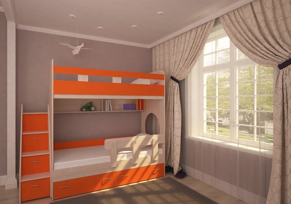 Двухэтажная детская кровать Юниор-1 с бортом, каркас Дуб, фасад Оранжевый в Магадане - изображение