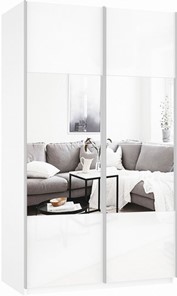 Шкаф двухдверный Прайм (Зеркало/Белое стекло) 1400x570x2300, белый снег в Магадане - предосмотр 2