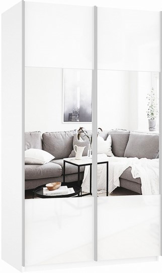 Шкаф 2-х дверный Прайм (Зеркало/Белое стекло) 1600x570x2300, белый снег в Магадане - изображение 2