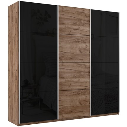 Шкаф 3-х створчатый Широкий Прайм (2 Стекла Черных / ДСП) 2400x570x2300, Крафт Табачный в Магадане - изображение