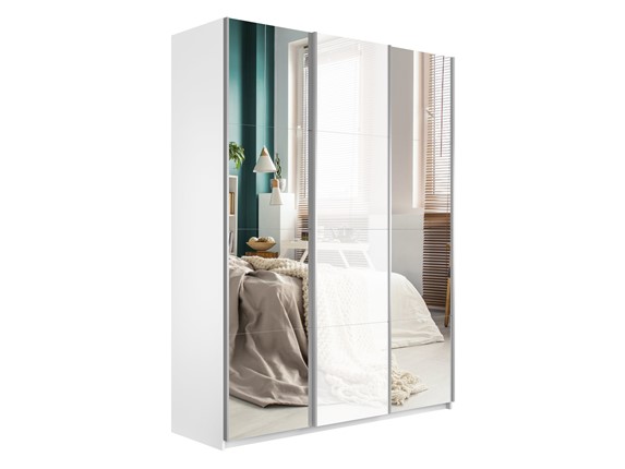 Шкаф 3-х дверный Широкий Прайм (2 Зеркала / Стекло белое) 2400x570x2300, Белый Снег в Магадане - изображение