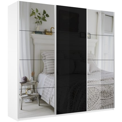 Шкаф 3-дверный Широкий Прайм (2 Зеркала / Стекло черное) 2400x570x2300, Белый Снег в Магадане - изображение