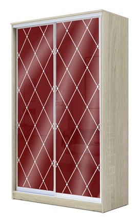 Шкаф двухдверный 2200х1200х620 с цветным стеклом и пескоструйным рисунком ХИТ 22-12-33, Бургунд 312, ромб большой, Дуб сонома в Магадане - изображение