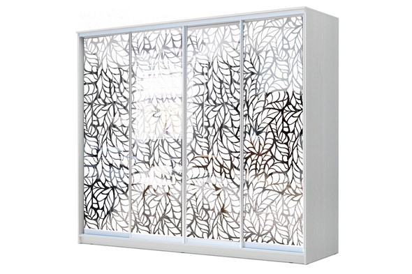 Шкаф 4-х створчатый 24-4-24/2-6666, Пескоструйный рисунок "Лист", Белый в Магадане - изображение