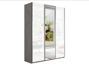 Шкаф 3-х дверный Прайм (Белое стекло/Зеркало/Белое стекло) 1800x570x2300, бетон в Магадане