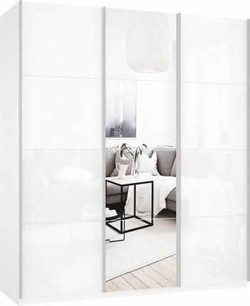 Шкаф-купе 3-х створчатый Прайм (Белое стекло/Зеркало/Белое стекло) 1800x570x2300, белый снег в Магадане - изображение