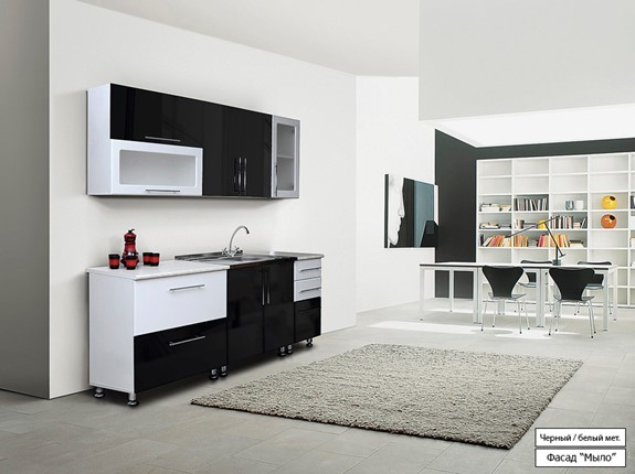 Кухонный гарнитур Мыло 224 2000х918, цвет Черный/Белый металлик в Магадане - изображение