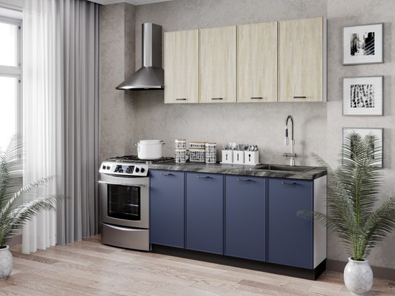 Кухонный гарнитур 2200 Индиго, Белый/Дуб мадейра топаз/Тёмно-синий в Магадане - изображение