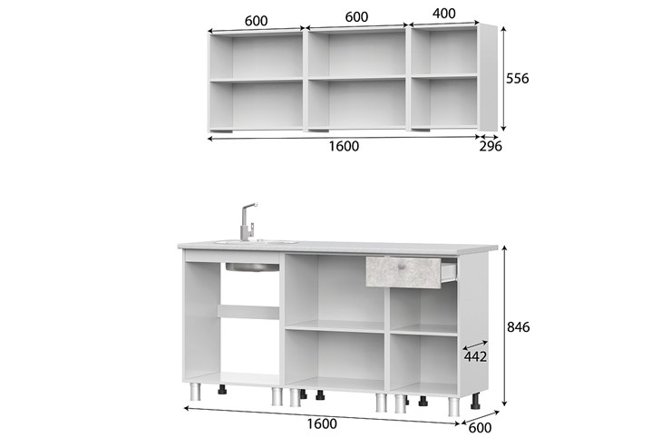 Кухонный гарнитур КГ-1 1600, белый/белый/цемент светлый/антарес в Магадане - изображение 2