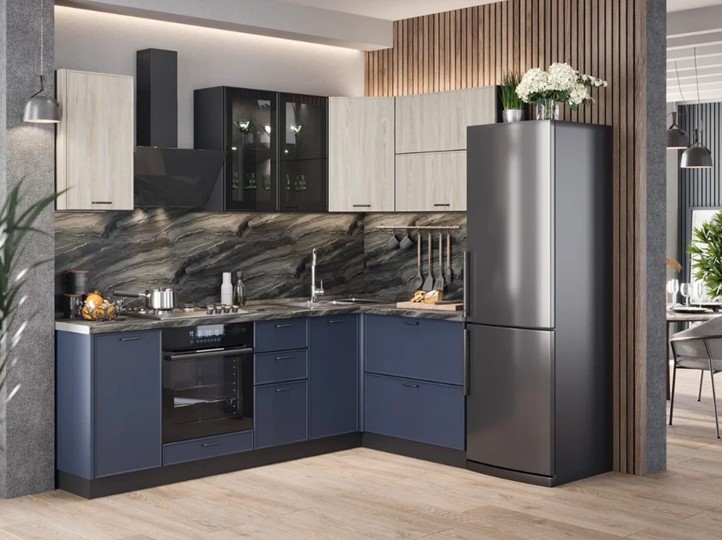 Модульный кухонный гарнитур угловой 2400 Индиго, Черный/Дуб мадейра топаз/Темно-синий в Магадане - изображение