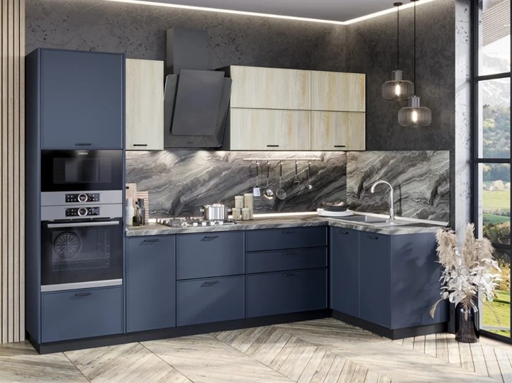 Модульная угловая кухня 2913 Индиго, Черный/Дуб мадейра топаз/Темно-синий в Магадане - изображение