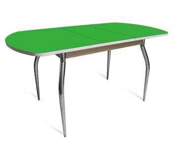 Обеденный раздвижной стол ПГ-01 СТ2, дуб молочный/зеленое стекло/35 хром гнутые металл в Магадане - предосмотр