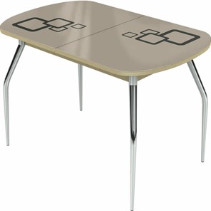 Кухонный раздвижной стол Ривьера мини хром №5, Рисунок квадро (стекло молочное/коричневый/дуб выбеленный) в Магадане