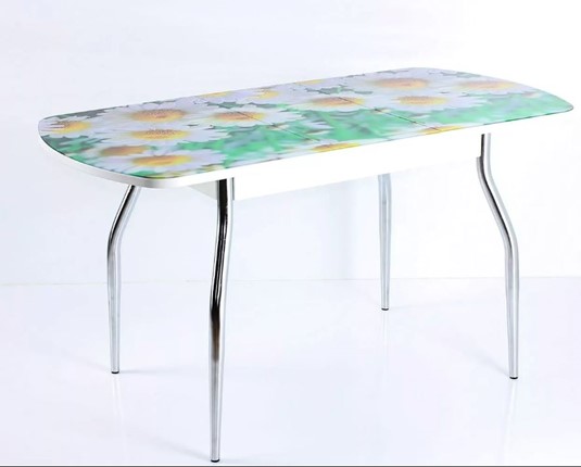 Кухонный раскладной стол ПГ мини СТФ белое ЛДСП/ромашки/хром фигурные в Магадане - изображение