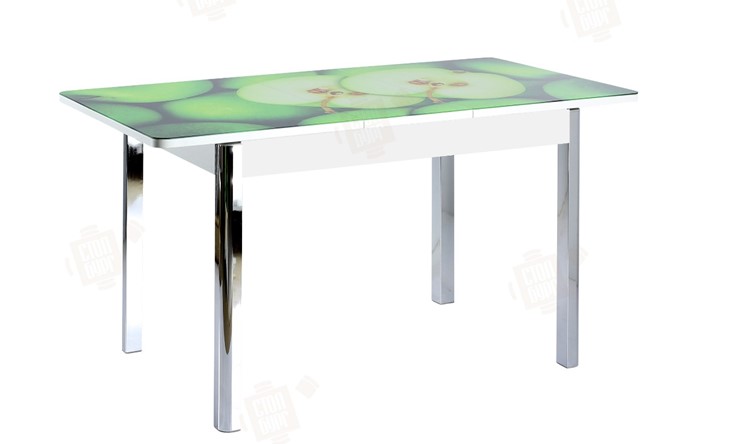Кухонный стол раздвижной Айсберг-02 СТФ, белое лдсп/зеленые яблоки/ноги хром квадратные в Магадане - изображение 3