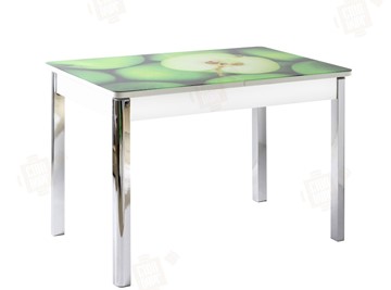 Кухонный стол раздвижной Айсберг-02 СТФ, белое лдсп/зеленые яблоки/ноги хром квадратные в Магадане - предосмотр