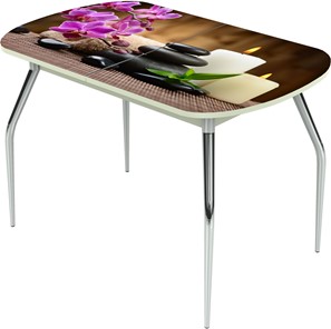 Обеденный раздвижной стол Ривьера исп.2 ноги  хром. №5 Фотопечать (Цветы №18) в Магадане