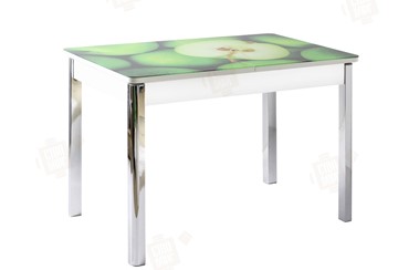Кухонный стол раздвижной Айсберг-01 СТФ, белый/фотопечать зеленые яблоки/ноги хром квадратные в Магадане - предосмотр