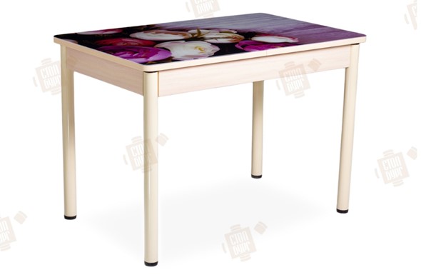 Кухонный стол раскладной Айсберг-01 СТФ, дуб/фотопечать пионы/ноги крашеные в Магадане - изображение