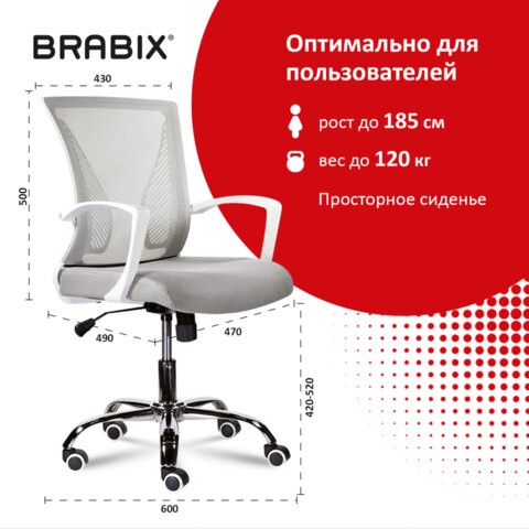 Компьютерное кресло Brabix Wings MG-306 (пластик белый, хром, сетка, серое) 532012 в Магадане - изображение 7