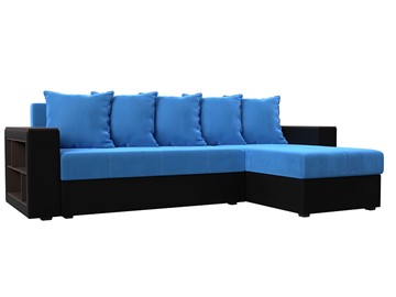 Угловой диван с оттоманкой Дубай Лайт, Голубой/Черный (велюр/экокожа) в Магадане - предосмотр