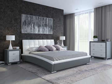Кровать в спальню Corso-1L 160x200, Экокожа (Серый с белым) в Магадане