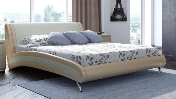 Кровать в спальню Corso-2 140х200, Экокожа (Бежевый + молочный перламутр) в Магадане - изображение