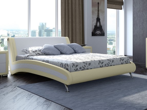 Двуспальная кровать Corso-2 160х200, Экокожа (Кремовый с белым) в Магадане - изображение