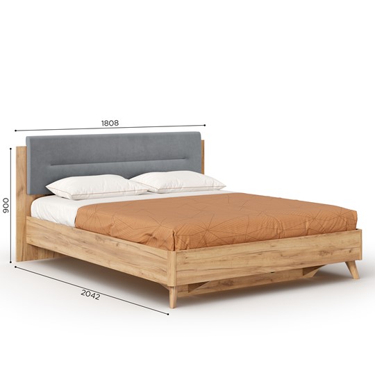 Двуспальная кровать Марта-2 1600 ЛД 406.120 (с основанием и мягкой накладкой, линейная утяжка Neo 25), Дуб Золотой/Глубокий серый в Магадане - изображение 1