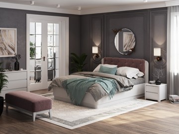 Двуспальная кровать с механизмом Wood Home 1 160х200, Белая эмаль (сосна) с брашированием/Бентлей Нежно-лиловый в Магадане