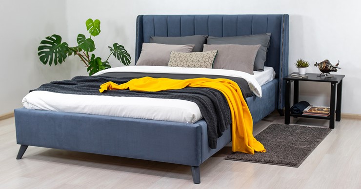 Спальная кровать Мелисса 140, арт. Тори 83 велюр (серо-синий) + кроватное дно в Магадане - изображение 4