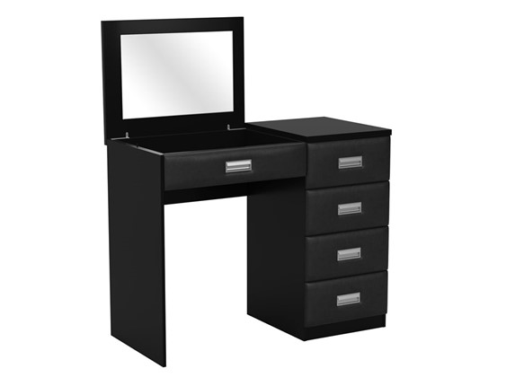 Косметический стол Como/Veda, с зеркалом, 4 ящика, правый, ЛДСП черный/экокожа черная в Магадане - изображение