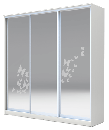 Шкаф 2400х1770х620 три зеркала, Бабочки ХИТ 24-18/2-656-05 Белая Шагрень в Магадане - изображение