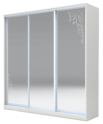 Шкаф 2200х2014х420 три зеркала, Орнамент ХИТ 22-4-20-656-09 Белая Шагрень в Магадане - изображение