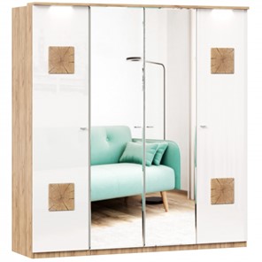 Шкаф 4х-дверный Фиджи с 2 зеркалами и декоративными накладками, Дуб золотой/Белый в Магадане