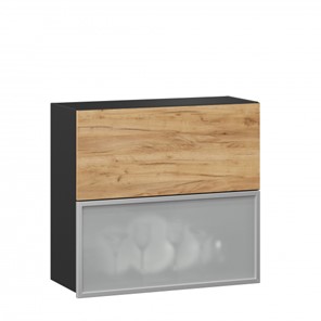 Навесной кухонный шкаф 800 горизонтальный, Шервуд, ЛД 281.981.000.049, со стеклом, черный/дуб золотой в Магадане - предосмотр