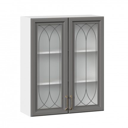 Навесной кухонный шкаф Джелатто 800 высокий со стеклом ЛД 241.460.000.114, Белый/Оникс серый в Магадане - изображение