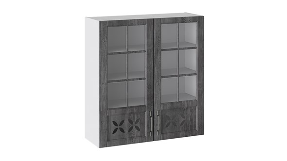Шкаф на кухню Прованс (Белый глянец/Санторини темный) cо стеклом В_96-90_2ДРДс в Магадане - изображение