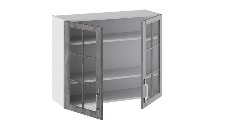 Кухонный навесной шкаф Прованс (Белый глянец/Санторини темный) со стеклом В_72-90_2ДРс в Магадане - изображение 1