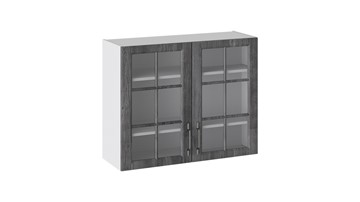 Кухонный навесной шкаф Прованс (Белый глянец/Санторини темный) со стеклом В_72-90_2ДРс в Магадане
