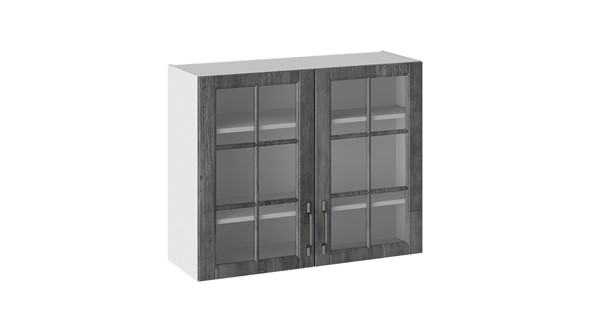 Кухонный навесной шкаф Прованс (Белый глянец/Санторини темный) со стеклом В_72-90_2ДРс в Магадане - изображение