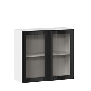Кухонный навесной шкаф со стеклом 800 Индиго ЛД 298.360.000.023, Белый/Чёрный в Магадане - предосмотр