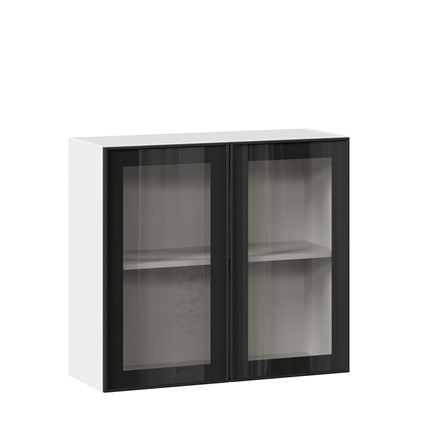 Кухонный навесной шкаф со стеклом 800 Индиго ЛД 298.360.000.023, Белый/Чёрный в Магадане - изображение